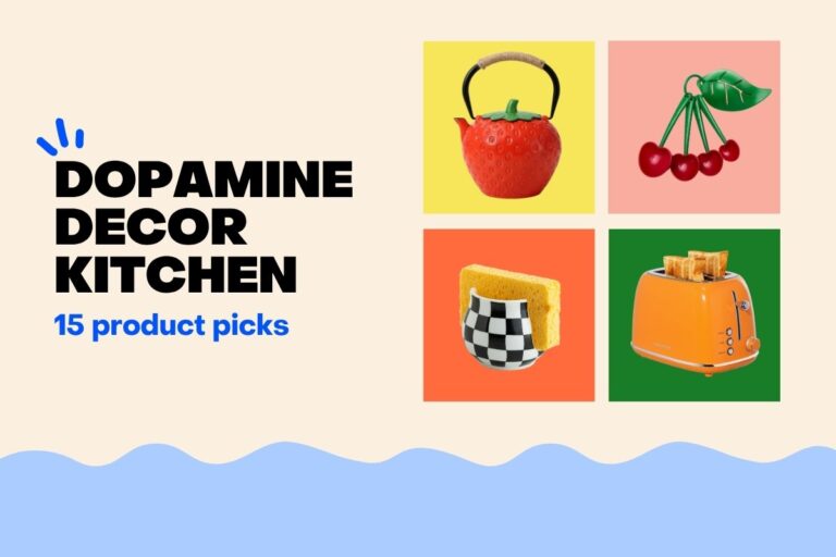 Dopamine decor kitchen roundup banner with a strawberry-shaped teapot, cherry-print towel hook, checkered sponge holder, and orange retro toaster on a colorful grid background
